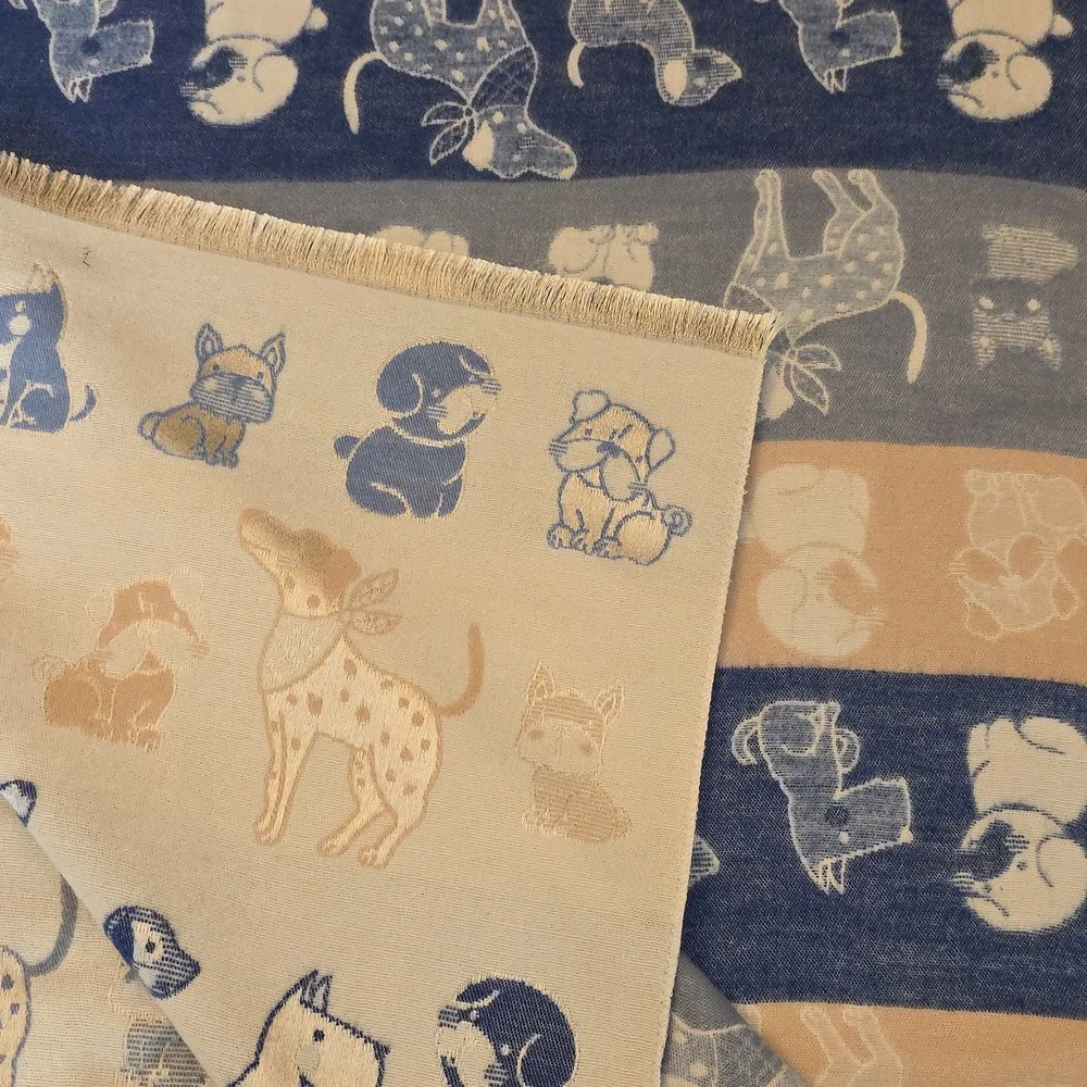 Dog Lover Gift Women's Blue and Tan Embroidered Puppy Print Scarf